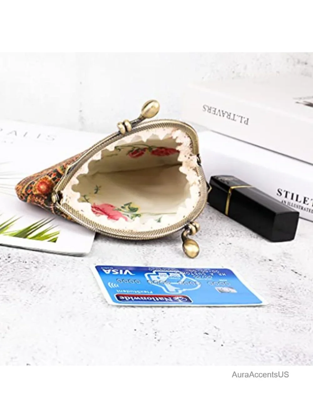 Vintage Floral Kiss-lock Coin Purse PU Leather Wood Grain Key Holder Wallet